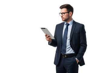 Professional businessman in a suit and glasses, focused on using a digital tablet, isolated on a clean white studio background for corporate technology concepts.