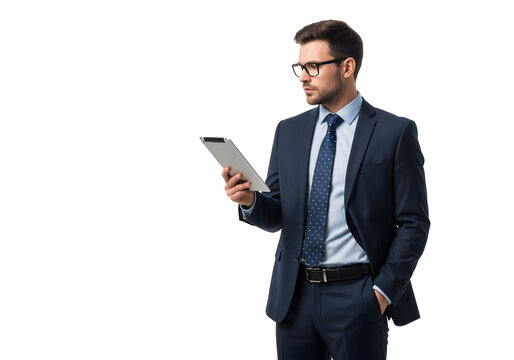 Professional businessman in a suit and glasses, focused on using a digital tablet, isolated on a clean white studio background for corporate technology concepts.