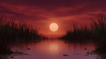 Serene wetland landscape at sunset with ducks swimming in calm reflective water under a vibrant red sky