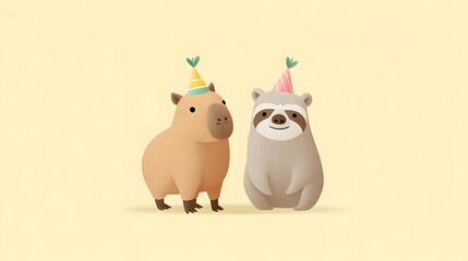 Obraz premium Adorable stylized illust n of a cheerful capybara and a happy sloth both wearing festive party hats standing together against a soft pastel background
