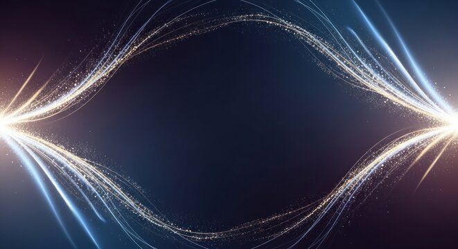 A blue and gold abstract wave pattern with a glowing light effect in the center.