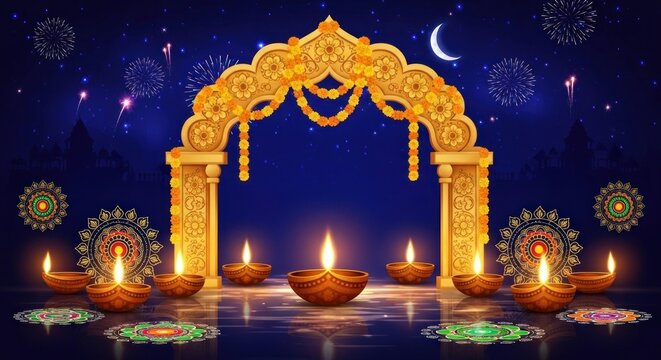 A festive Diwali decoration with a golden arch, candles, and fireworks against a dark blue sky with stars.