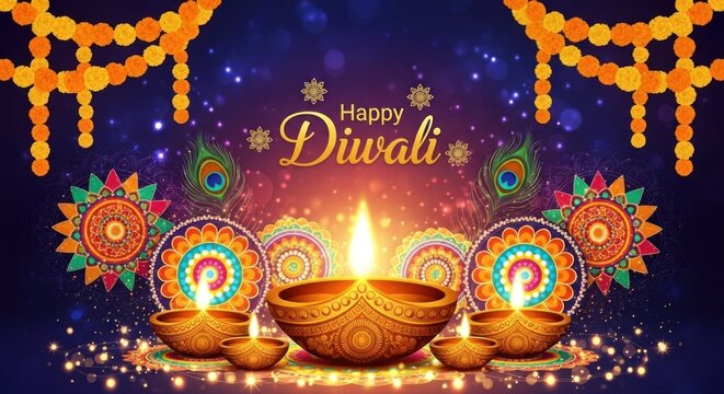 A vibrant Diwali celebration with colorful lights and decorations.