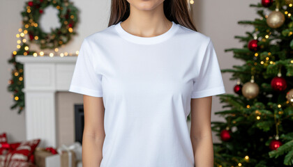 Christmas T-Shirt Product Mockup Featuring Woman in Plain White Tee
