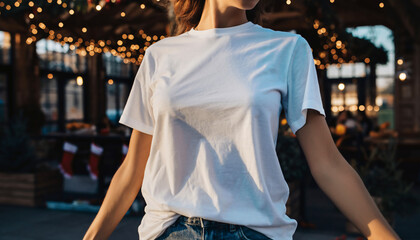 Lifestyle Mockup — Woman Wearing White Christmas T-Shirt with Holiday Lights