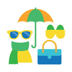 Colorful, cartoonish icons of yellow sunglasses, a green scarf, a blue handbag, and an orange umbrella, all on a white background.
