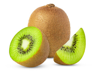 Ripe whole green standing kiwi fruit and half and slice isolated. Kiwis fruits with clipping path.