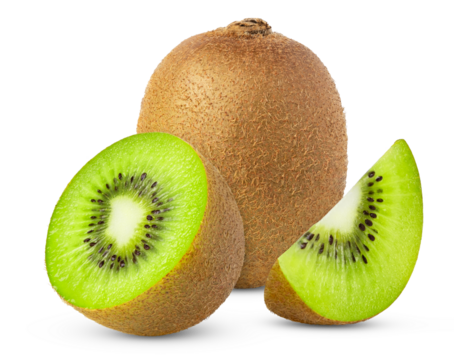 Ripe whole green standing kiwi fruit and half and slice isolated. Kiwis fruits with clipping path.