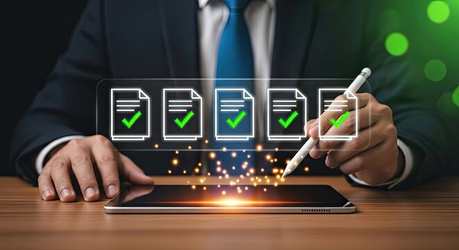 Digital document management and online approval system on tablet.