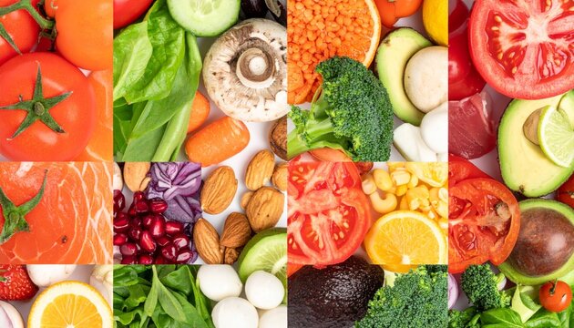 Fresh Ingredients Collage Featuring Colorful Vegetables, Fruits, and Nuts in High-Fidelity Studio Lighting for Culinary Inspiration - Powered by Adobe