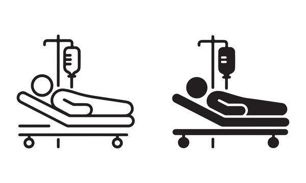 Patient on hospital bed with iv drip icon set