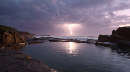 A dramatic lightning strike illuminates a serene rock pool on a stormy coastline at twilight