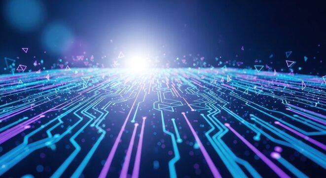 A glowing, futuristic circuit board with neon lines and a bright light at the center, surrounded by abstract geometric shapes and a dark blue background.