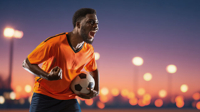 Excited soccer player holding ball under night city lights. Concept of success, confidence, team spirit for advertising, fan events, and sports promotion visuals. Handmade collage