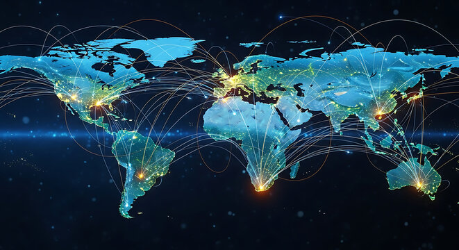 Global network connections visualized on a world map with glowing city lights and connecting lines.