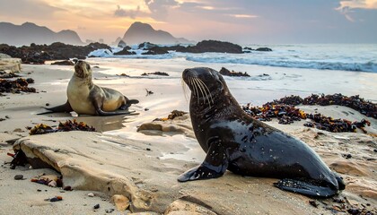 Two sea lions rest on a sandy beach at dawn, waves gently lapping the shore. Rocky cliffs form the background against a cloudy sky