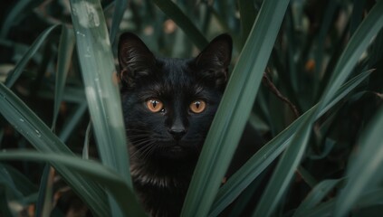 Black cat with orange eyes peering through green leaves