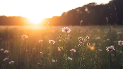 Golden hour illustration of a serene wildflower meadow bathed in warm sunlight at sunset