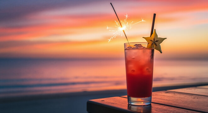A festive Holiday beach cocktail with a sparkler lights up a beautiful sunset celebration. For party invitations, restaurant menus, and travel blogs.