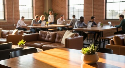 Creative Co-working Space with Blurred People. space interior with industrial-chic design. In the background, diverse young professionals are blurred, working on laptops and chatting.