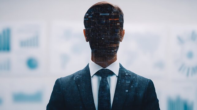 A digital figure in a suit with a faceless appearance, surrounded by graphical elements, representing data and technology in a professional context.