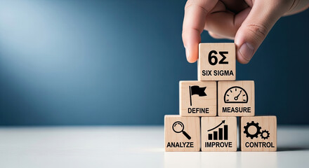 Hand stacking six sigma dmaic process blocks for quality management