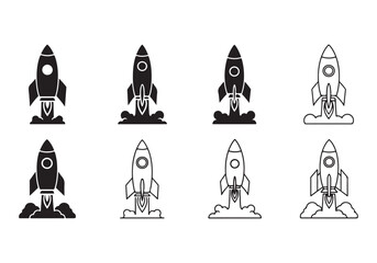 Rocket icon set, Business start-up symbol, Rocket launching sign, Vector in flat and outline design