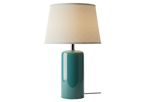 Isolated table lamp with green ceramic base and lampshade for cozy atmosphere, lighting