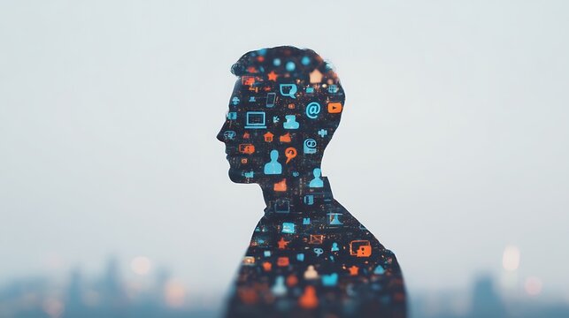 A silhouette of a person filled with digital icons, representing the fusion of human identity and technology in the modern world.