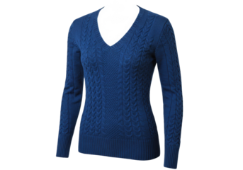 Isolated stylish blue cable-knit sweater with a flattering V-neck, warm and versatile option