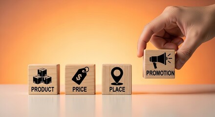 Marketing mix 4ps concept with wooden blocks and human hand