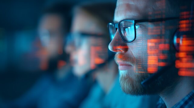 A focused team member in a headset analyzes data on a screen, illuminated by vibrant digital graphics in a high-tech environment.