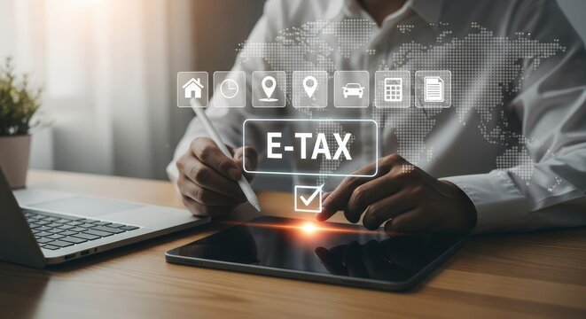 Man filing e-tax on tablet with digital interface and global network.