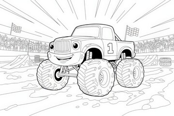 Happy Monster Truck with Racing Flags and Cheering Crowd in Stadium