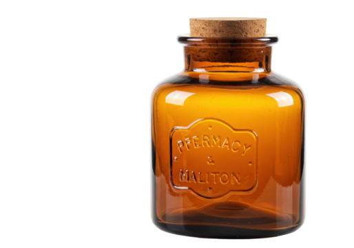 Isolated vintage apothecary jar with cork stopper, for liquids, tinctures and powders