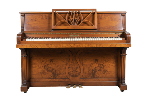 Isolated wood piano, a vintage antique upright musical instrument for concert hall or house