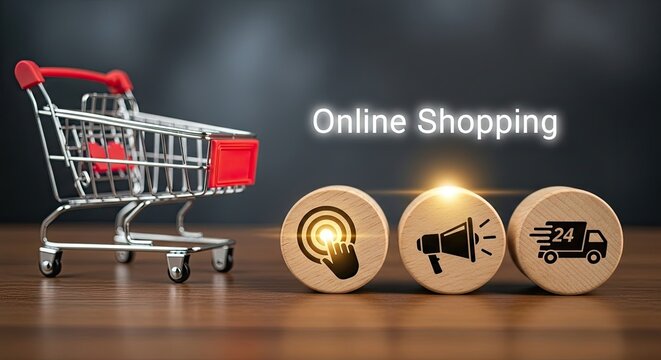 Online shopping concept with cart and delivery process icons.