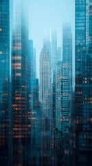 Obraz premium A misty urban skyline featuring towering skyscrapers, illuminated windows, and a cool blue color palette, evoking a sense of modern city life.