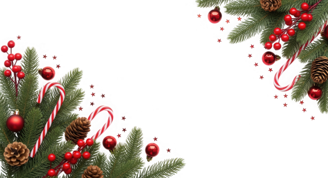Christmas festive border with decorations isolated on transparent background