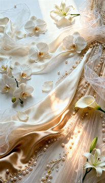Elegant wedding background &mdash; white flowers and pearls on silk fabric, vertical bridal flat lay, orchids and lilies, romantic composition for invitation