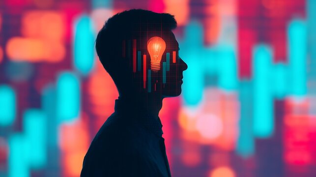 A silhouette of a person with a lightbulb inside their head, set against a vibrant, colorful background resembling data visualization or digital metrics.