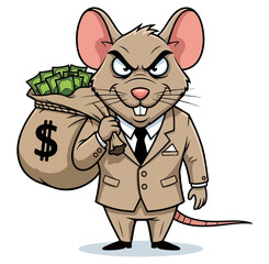 Cartoon Rat in Suit Carrying Bag of Money.