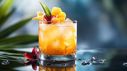 Refreshing tropical cocktail with vibrant orange hue, adorned with flowers and ice, evoking a sense of vacation and summer relaxation