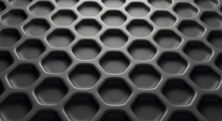 A close-up view of a dark, metallic honeycomb pattern. Abstract, geometric background representing technology, industry, and modern structure.