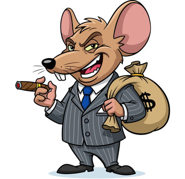 Cartoon Rat in Pinstripe Suit Holding Cigar and Money Bag.