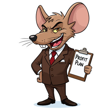 Cartoon Rat Businessman Holding Profit Plan Clipboard with Evil Grin.