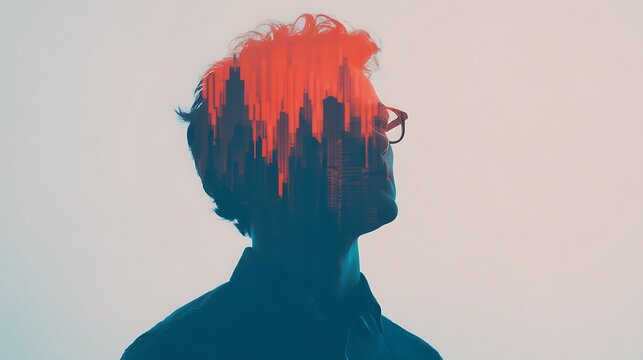 A conceptual portrait of a person with a digital cityscape overlay, symbolizing creativity and urban life. - Powered by Adobe