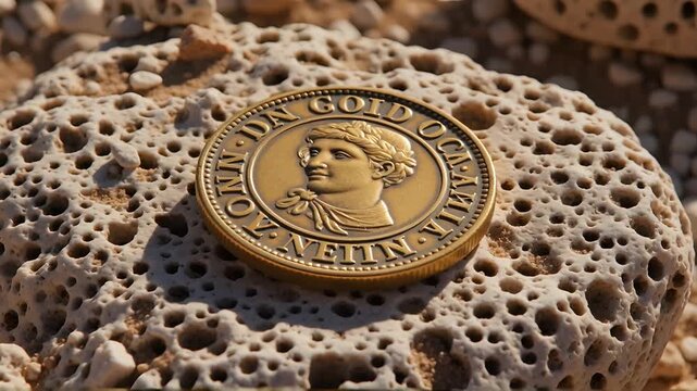 Ancient Gold Coin in Desert Ruins Under Harsh Midday Sun Capturing Texture and Lost Civilization Feel