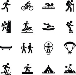 A collection of black silhouette icons representing various outdoor sports and leisure activities.