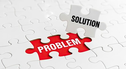 solution puzzle piece fitting problem word on a white jigsaw background.